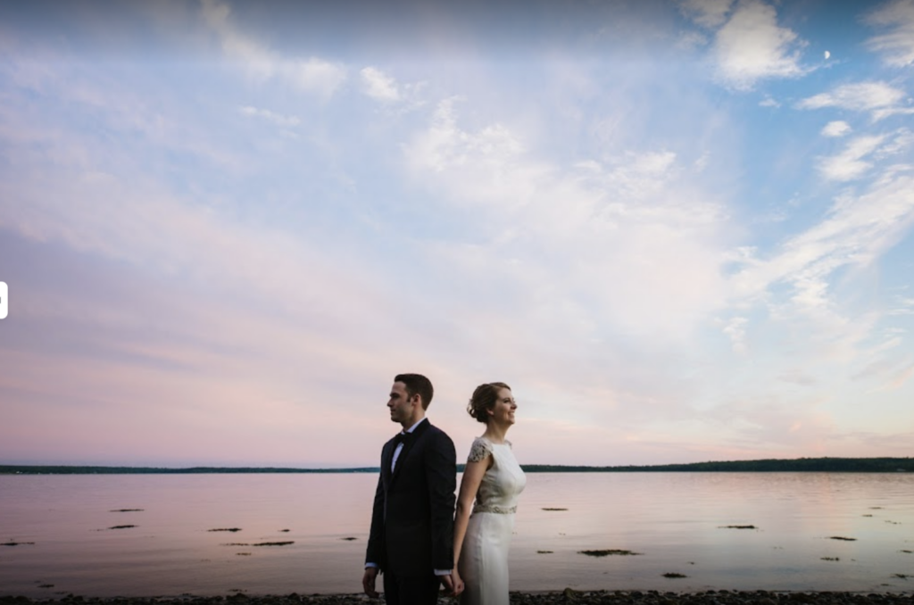 Bride and groom at sunset